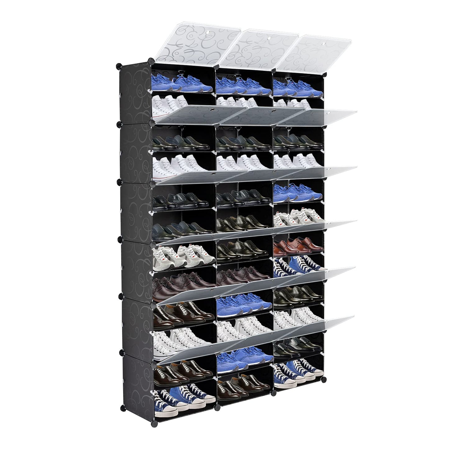 Portable 36 Compartment Shoe Rack Organizer 72 Twin Tower Storage Cabinet Stand Expandable for Heels, Boots, Slippers, 12 Tier Black and White Doors